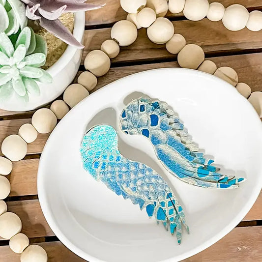 Blue Snake Skin Angel Wings Leather Earrings