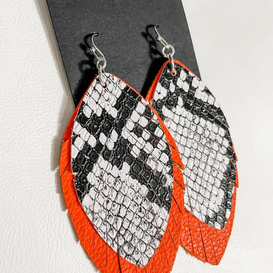 Vibrant Feather Bliss: Black & White Orange Double Earrings
