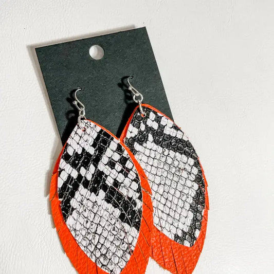 Vibrant Feather Bliss: Black & White Orange Double Earrings